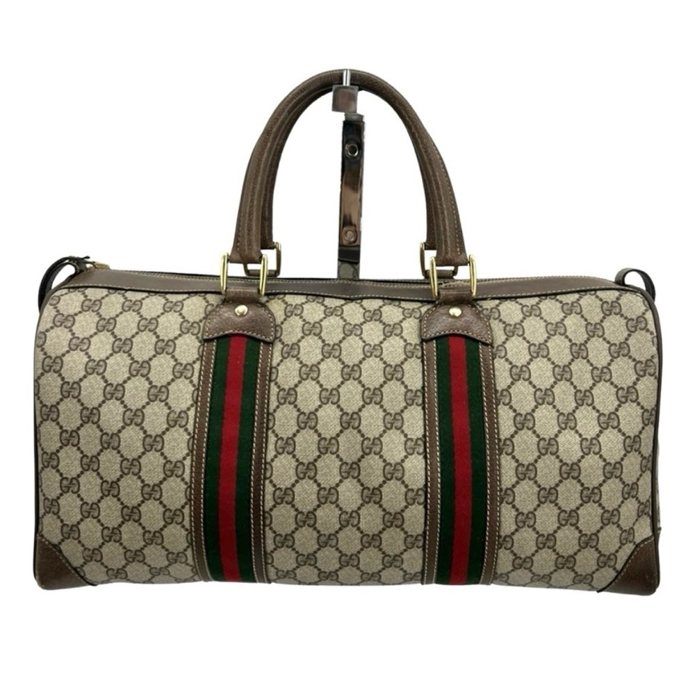 Gucci Beige and Brown Duffel Bag with Green and Red Stripes “needs repair”